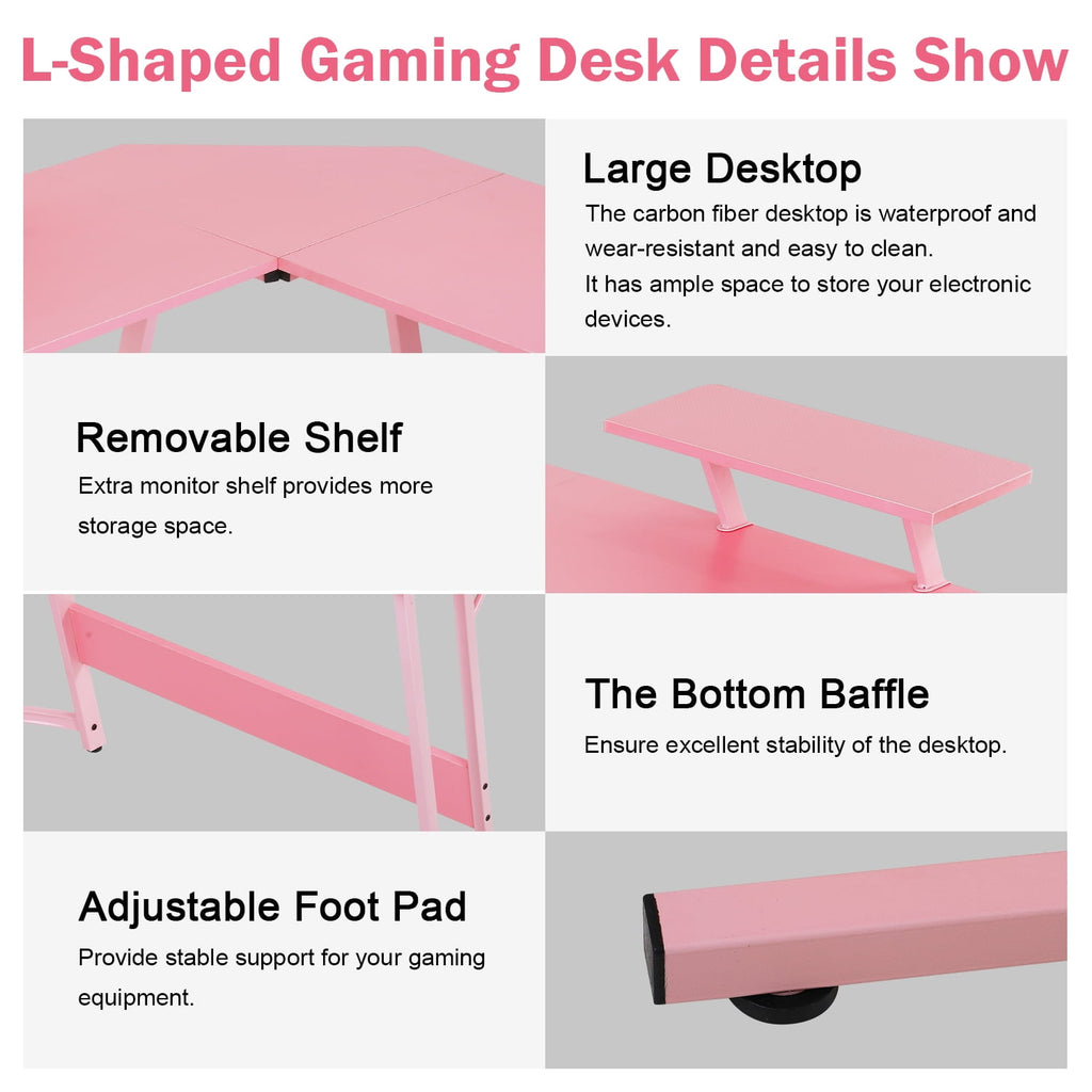 50 Inch Corner Desk  L- Shaped Gaming Desk Large Computer Desk with Monitor Stand for Home Office Sturdy Gaming Table Writing Workstation, Easy to Assemble, Pink