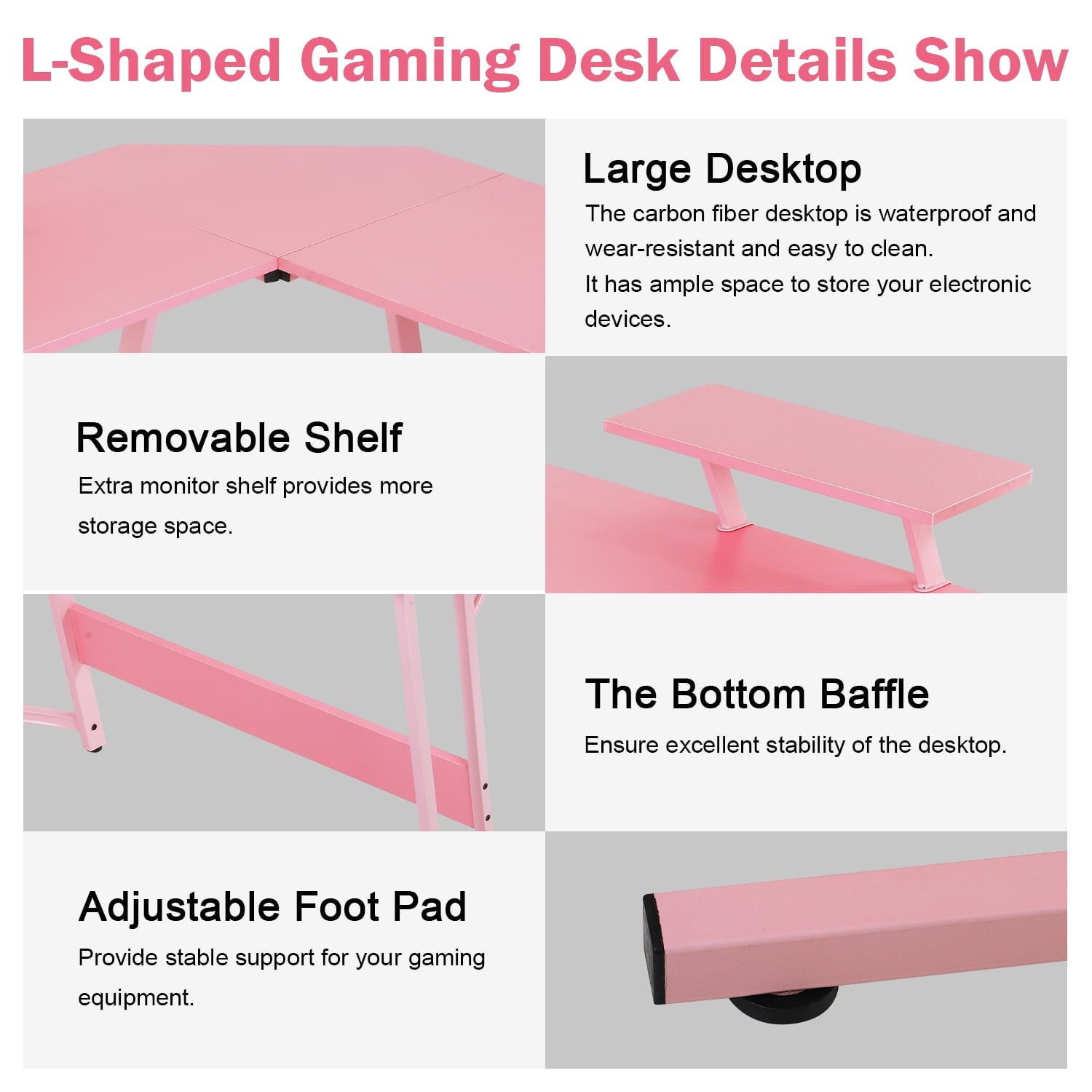50 Inch Corner Desk  L- Shaped Gaming Desk Large Computer Desk with Monitor Stand for Home Office Sturdy Gaming Table Writing Workstation, Easy to Assemble, Pink