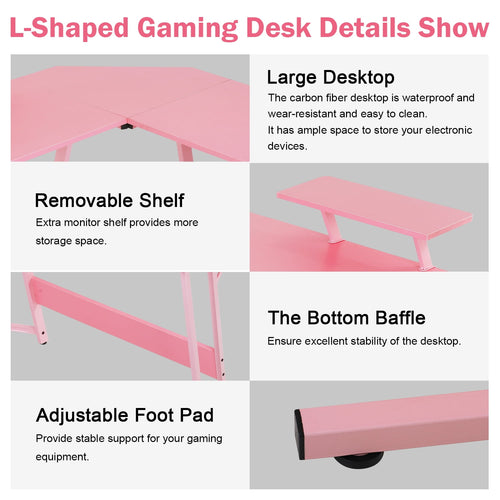 50 Inch Corner Desk  L- Shaped Gaming Desk Large Computer Desk with Monitor Stand for Home Office Sturdy Gaming Table Writing Workstation, Easy to Assemble, Pink