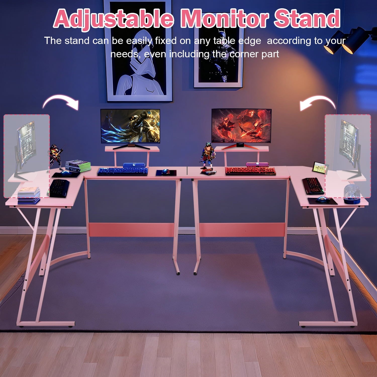 50 Inch Corner Desk  L- Shaped Gaming Desk Large Computer Desk with Monitor Stand for Home Office Sturdy Gaming Table Writing Workstation, Easy to Assemble, Pink