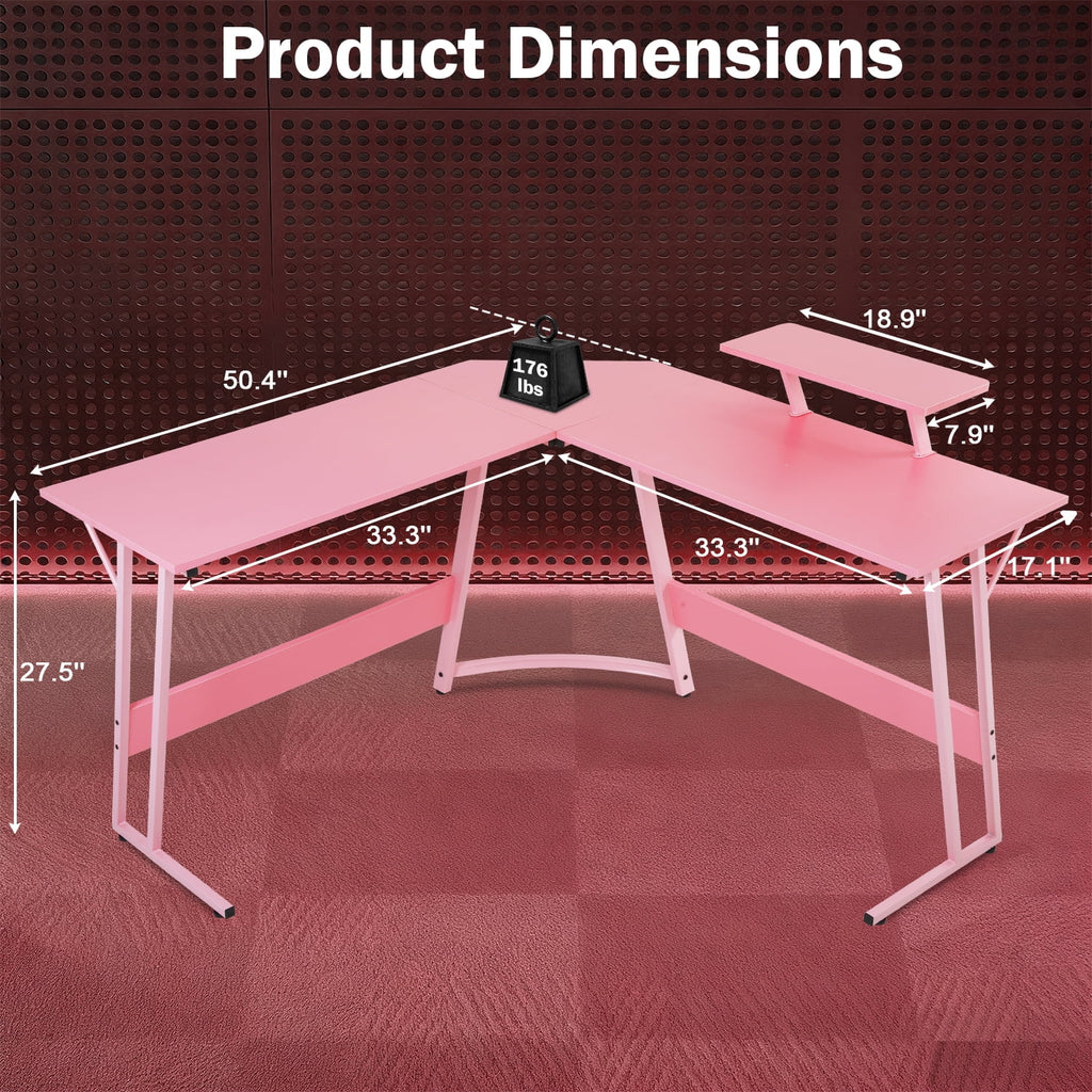 50 Inch Corner Desk  L- Shaped Gaming Desk Large Computer Desk with Monitor Stand for Home Office Sturdy Gaming Table Writing Workstation, Easy to Assemble, Pink