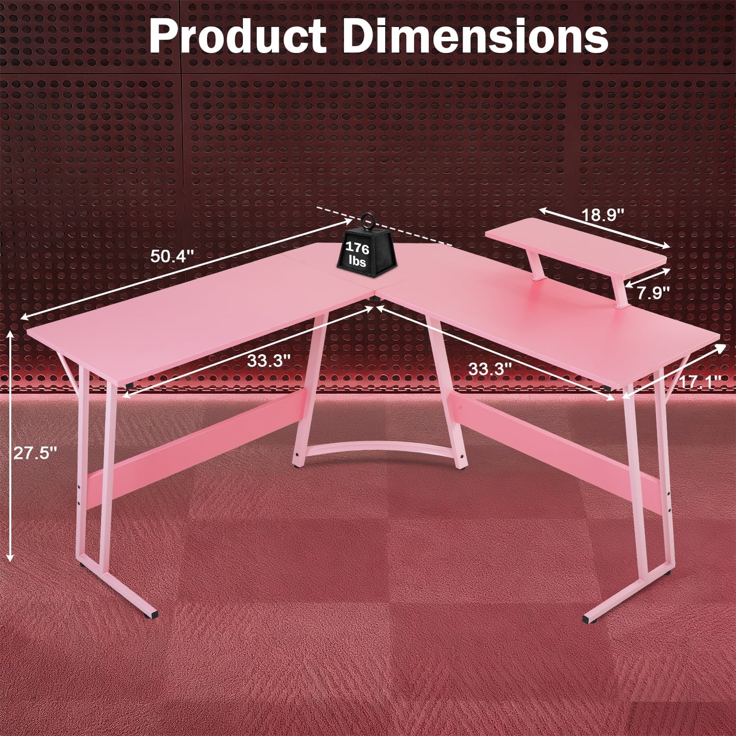 50 Inch Corner Desk  L- Shaped Gaming Desk Large Computer Desk with Monitor Stand for Home Office Sturdy Gaming Table Writing Workstation, Easy to Assemble, Pink