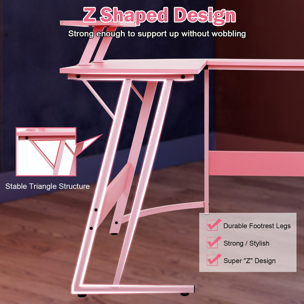 50 Inch Corner Desk  L- Shaped Gaming Desk Large Computer Desk with Monitor Stand for Home Office Sturdy Gaming Table Writing Workstation, Easy to Assemble, Pink