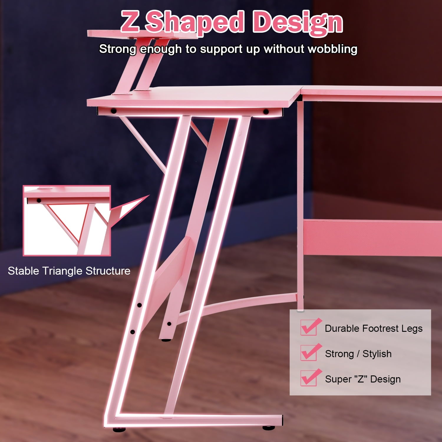 50 Inch Corner Desk  L- Shaped Gaming Desk Large Computer Desk with Monitor Stand for Home Office Sturdy Gaming Table Writing Workstation, Easy to Assemble, Pink