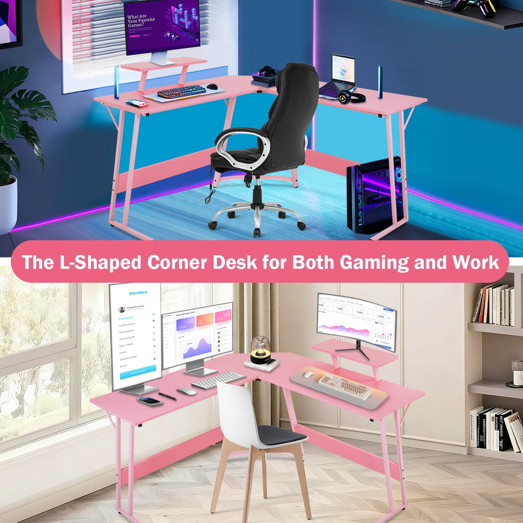 50 Inch Corner Desk  L- Shaped Gaming Desk Large Computer Desk with Monitor Stand for Home Office Sturdy Gaming Table Writing Workstation, Easy to Assemble, Pink
