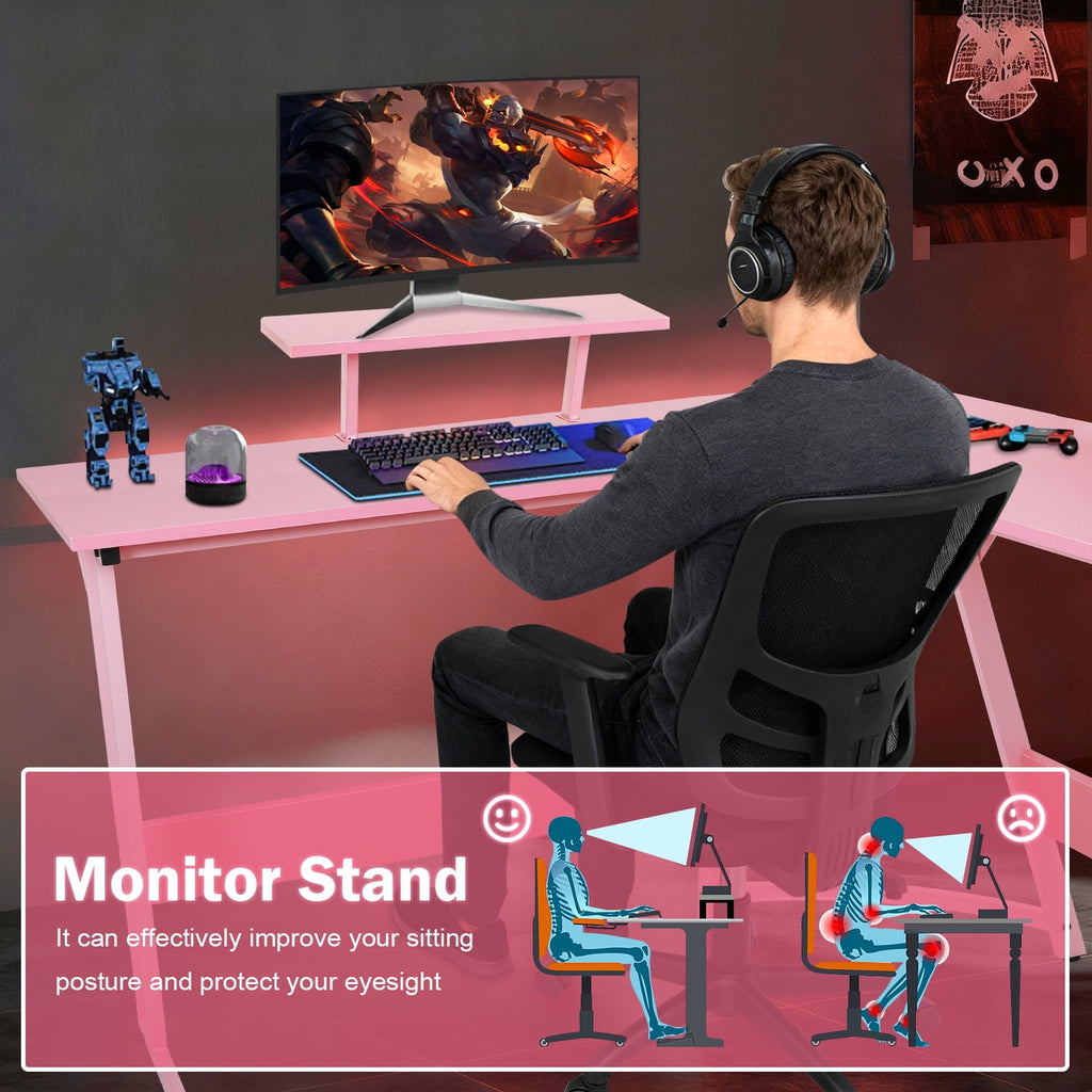 50 Inch Corner Desk  L- Shaped Gaming Desk Large Computer Desk with Monitor Stand for Home Office Sturdy Gaming Table Writing Workstation, Easy to Assemble, Pink