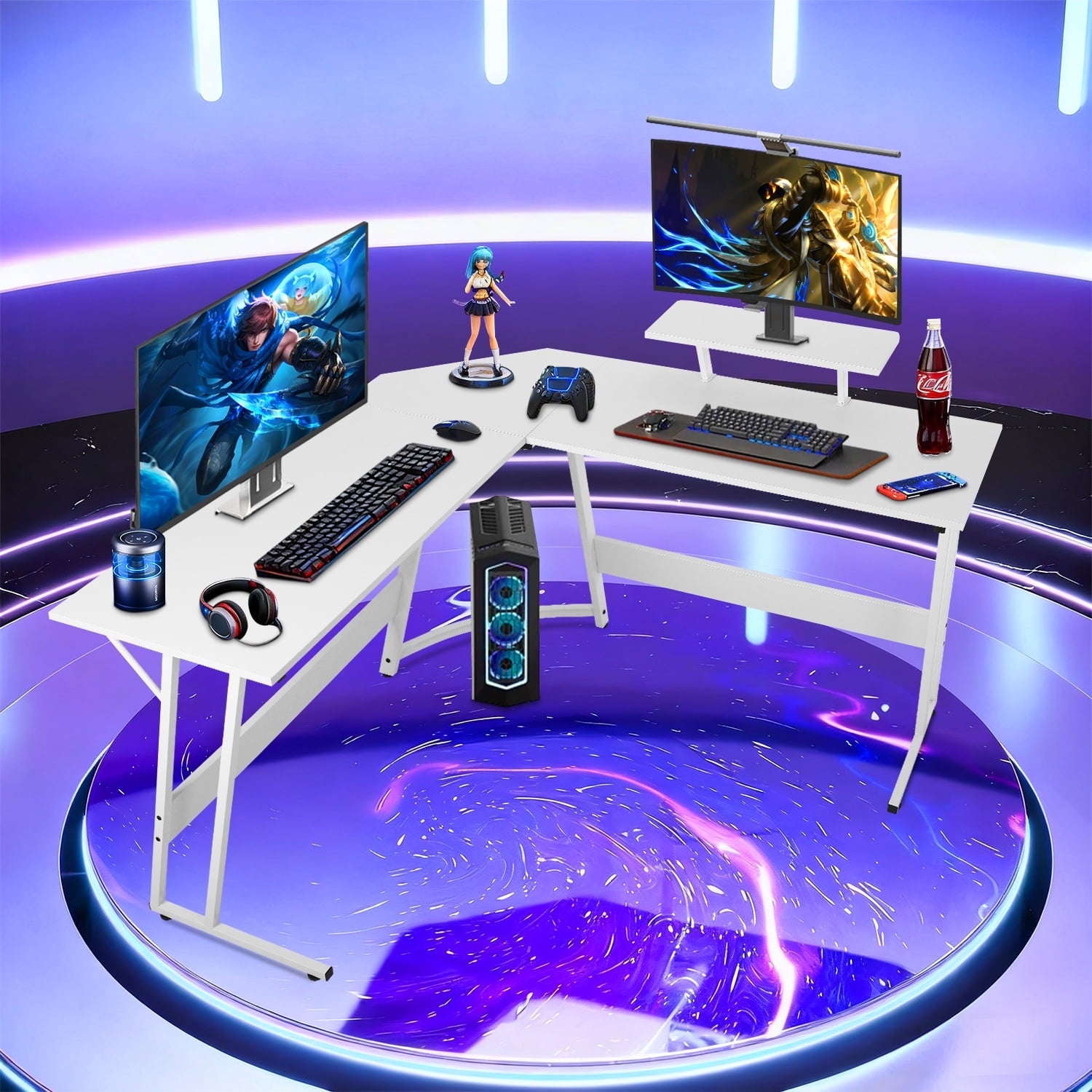 50 Inch Corner Desk  L- Shaped Gaming Desk Large Computer Desk with Monitor Stand for Home Office Sturdy Gaming Table Writing Workstation, Easy to Assemble, Pink