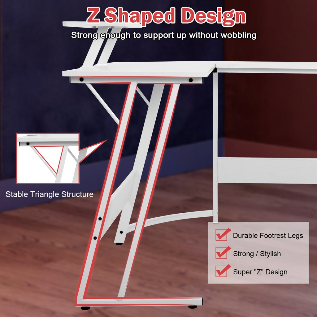 50 Inch Corner Desk  L- Shaped Gaming Desk Large Computer Desk with Monitor Stand for Home Office Sturdy Gaming Table Writing Workstation, Easy to Assemble, Pink