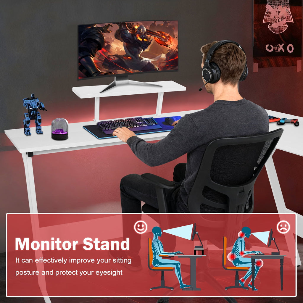 50 Inch Corner Desk  L- Shaped Gaming Desk Large Computer Desk with Monitor Stand for Home Office Sturdy Gaming Table Writing Workstation, Easy to Assemble, Pink