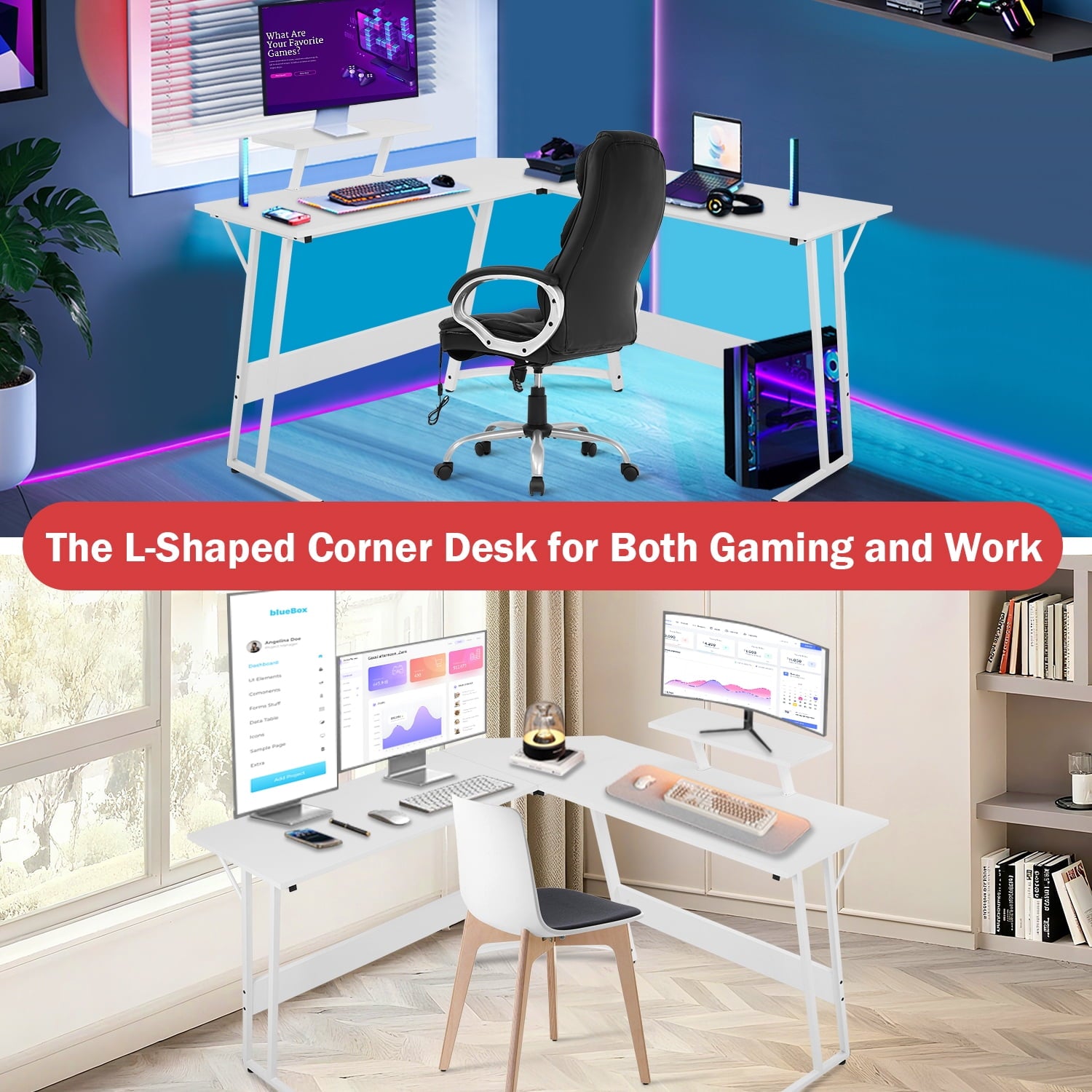 50 Inch Corner Desk  L- Shaped Gaming Desk Large Computer Desk with Monitor Stand for Home Office Sturdy Gaming Table Writing Workstation, Easy to Assemble, Pink
