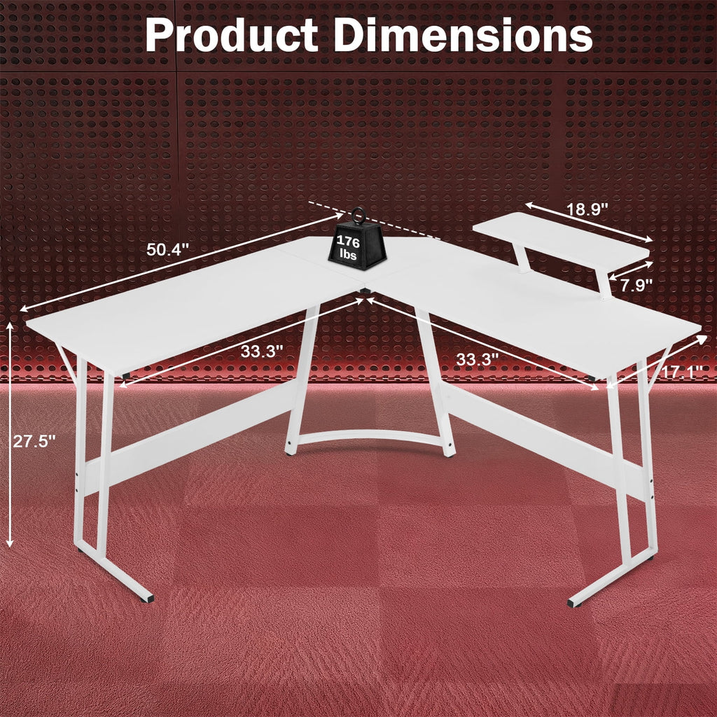 50 Inch Corner Desk  L- Shaped Gaming Desk Large Computer Desk with Monitor Stand for Home Office Sturdy Gaming Table Writing Workstation, Easy to Assemble, Pink