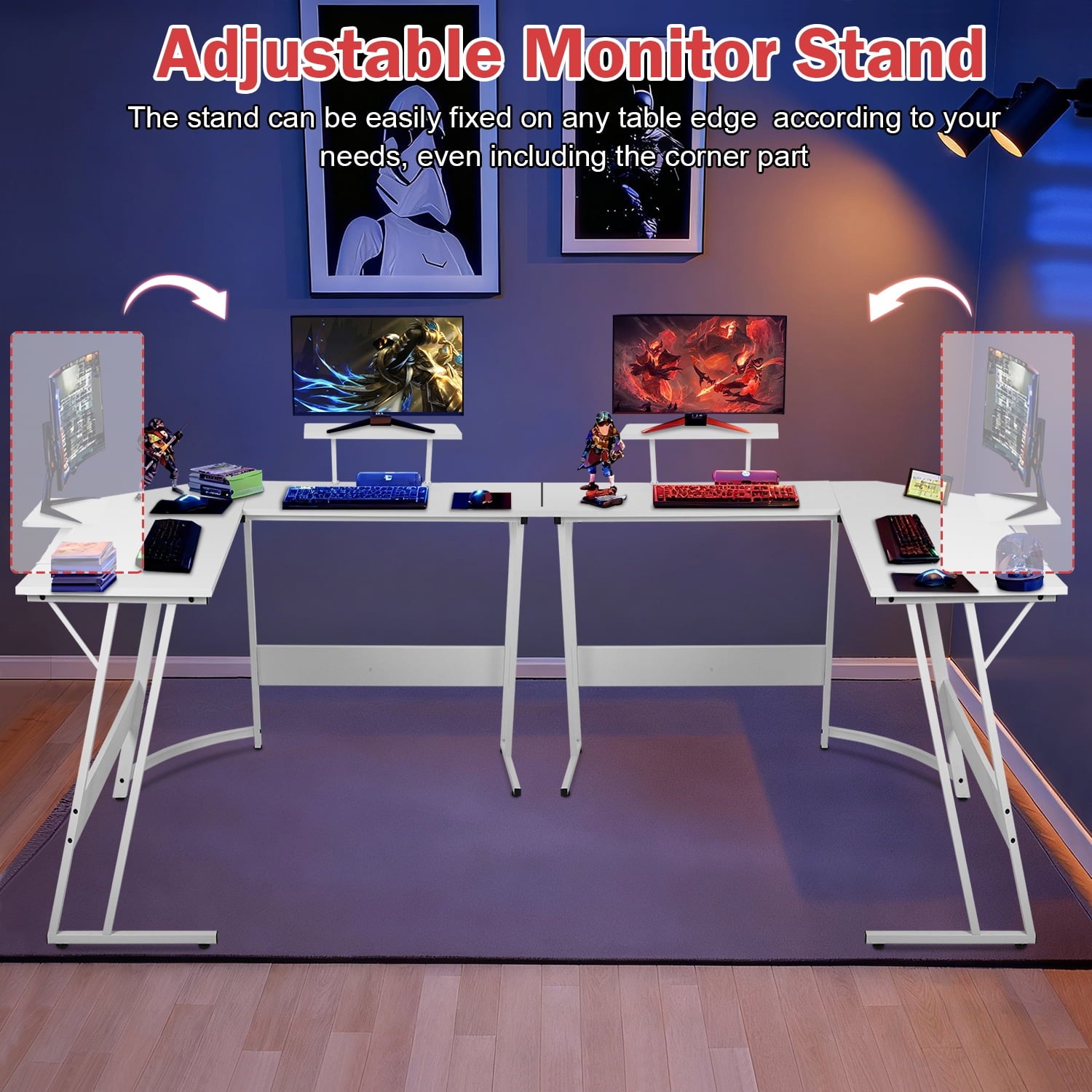 50 Inch Corner Desk  L- Shaped Gaming Desk Large Computer Desk with Monitor Stand for Home Office Sturdy Gaming Table Writing Workstation, Easy to Assemble, Pink