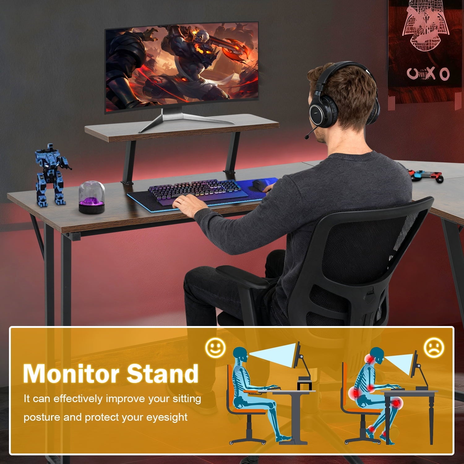 50 Inch Corner Desk  L- Shaped Gaming Desk Large Computer Desk with Monitor Stand for Home Office Sturdy Gaming Table Writing Workstation, Easy to Assemble, Pink