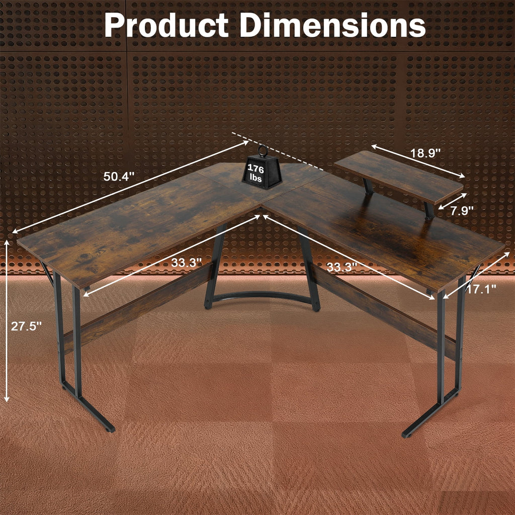 50 Inch Corner Desk  L- Shaped Gaming Desk Large Computer Desk with Monitor Stand for Home Office Sturdy Gaming Table Writing Workstation, Easy to Assemble, Pink
