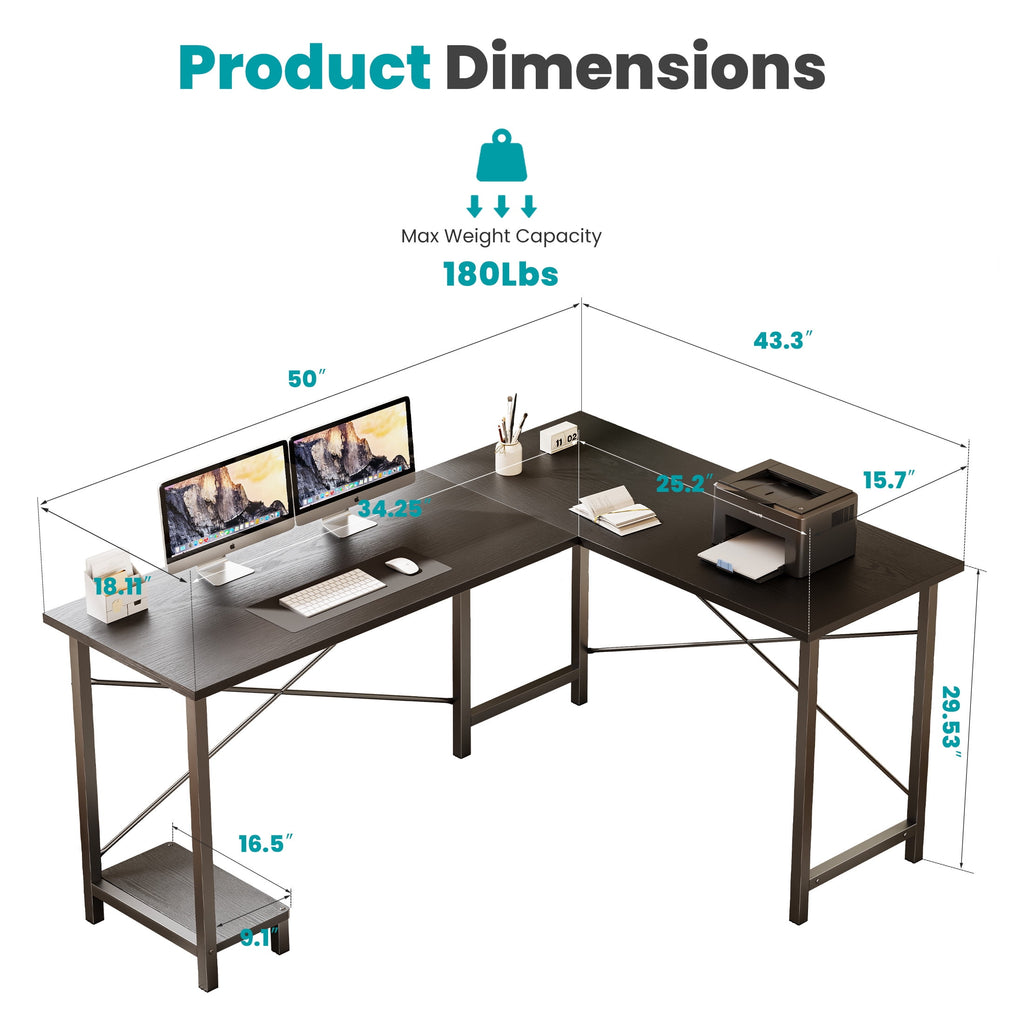 edx 49 Inch L Shaped Desk - Computer Desk Corner Desks Gaming Desk PC Table with CPU Stand for Home Office Dorm Sturdy Writing Workstation, Black