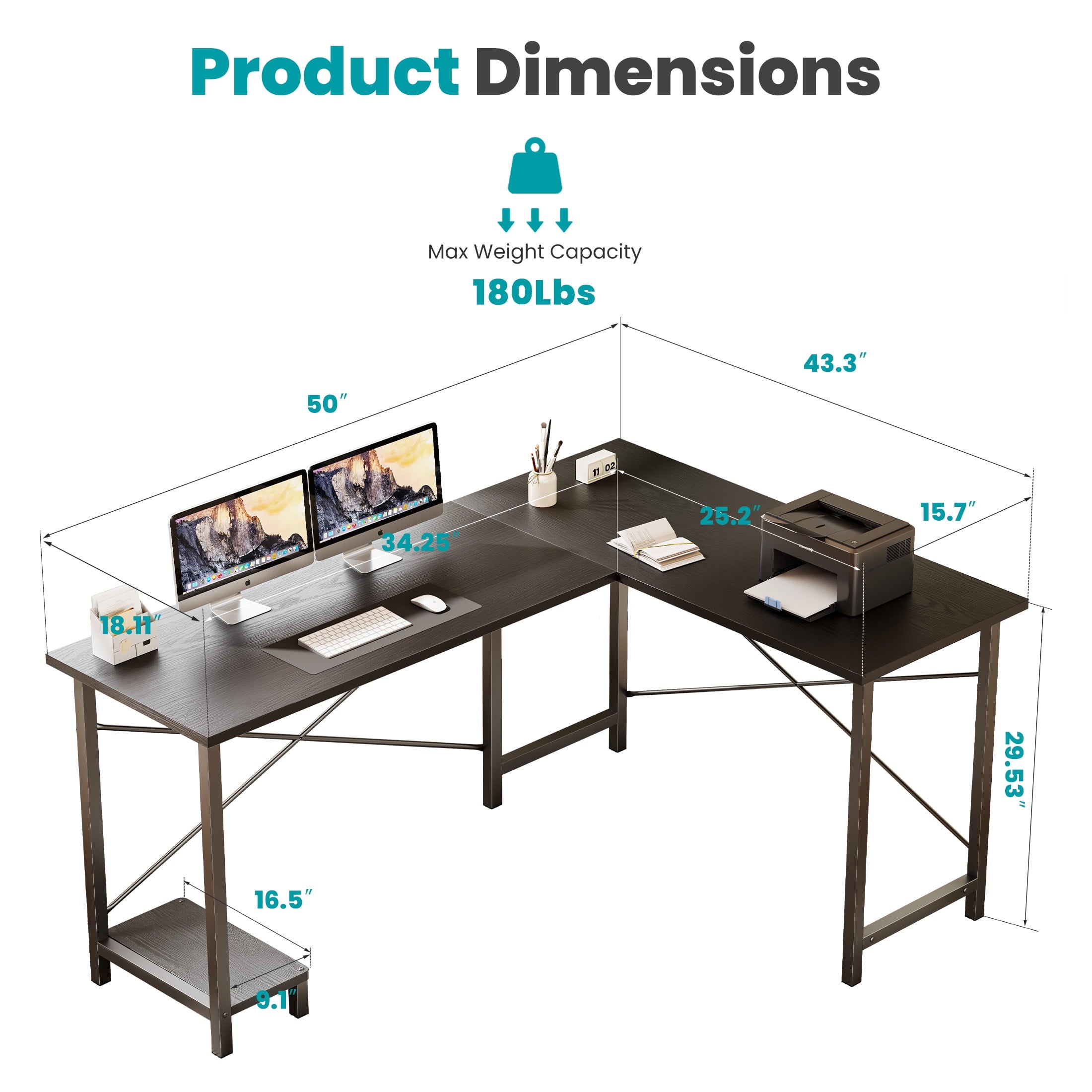edx 49 Inch L Shaped Desk - Computer Desk Corner Desks Gaming Desk PC Table with CPU Stand for Home Office Dorm Sturdy Writing Workstation, Black