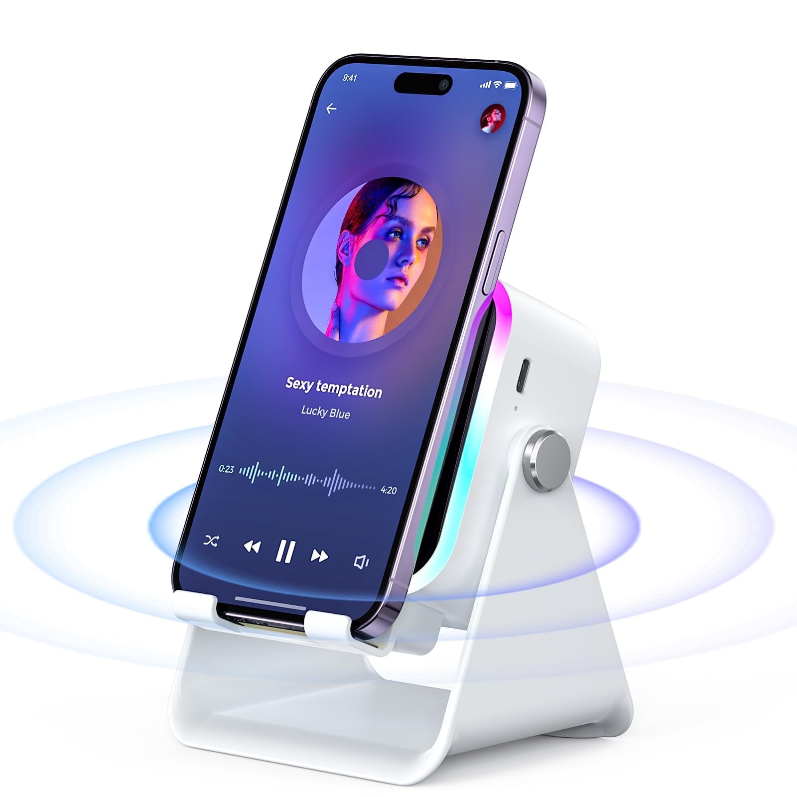 5-in-1 Wireless Induction Speaker with Phone Stand, Bluetooth Audio Amplifier with Colorful LED Light, Rechargeable Music Speaker for iPhone &amp; Android, Ideal Birthday Gift for Men, Women(White)