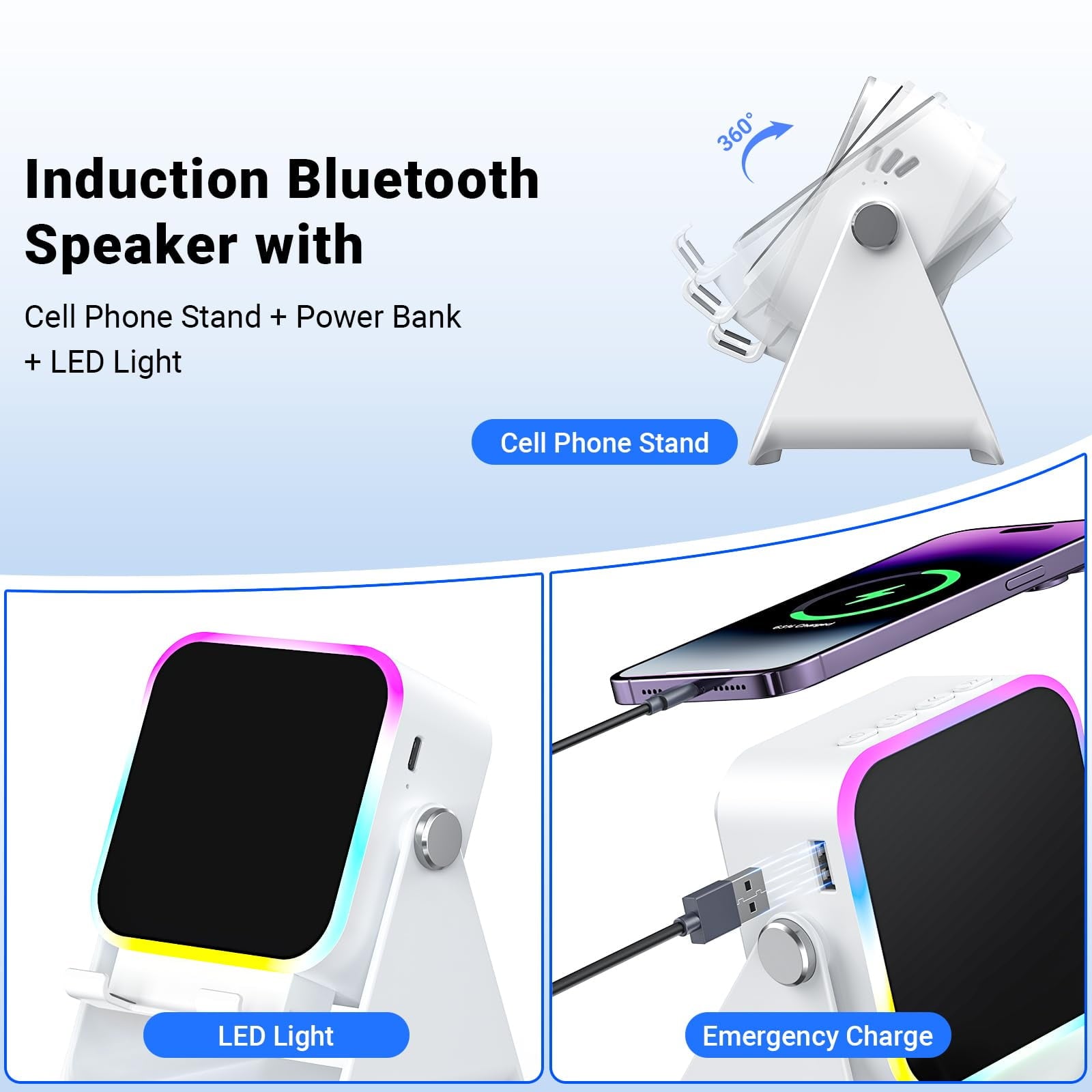 5-in-1 Wireless Induction Speaker with Phone Stand, Bluetooth Audio Amplifier with Colorful LED Light, Rechargeable Music Speaker for iPhone &amp; Android, Ideal Birthday Gift for Men, Women(White)