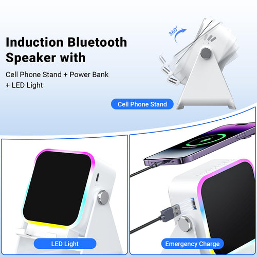 5-in-1 Wireless Induction Speaker with Phone Stand, Bluetooth Audio Amplifier with Colorful LED Light, Rechargeable Music Speaker for iPhone &amp; Android, Ideal Birthday Gift for Men, Women(White)