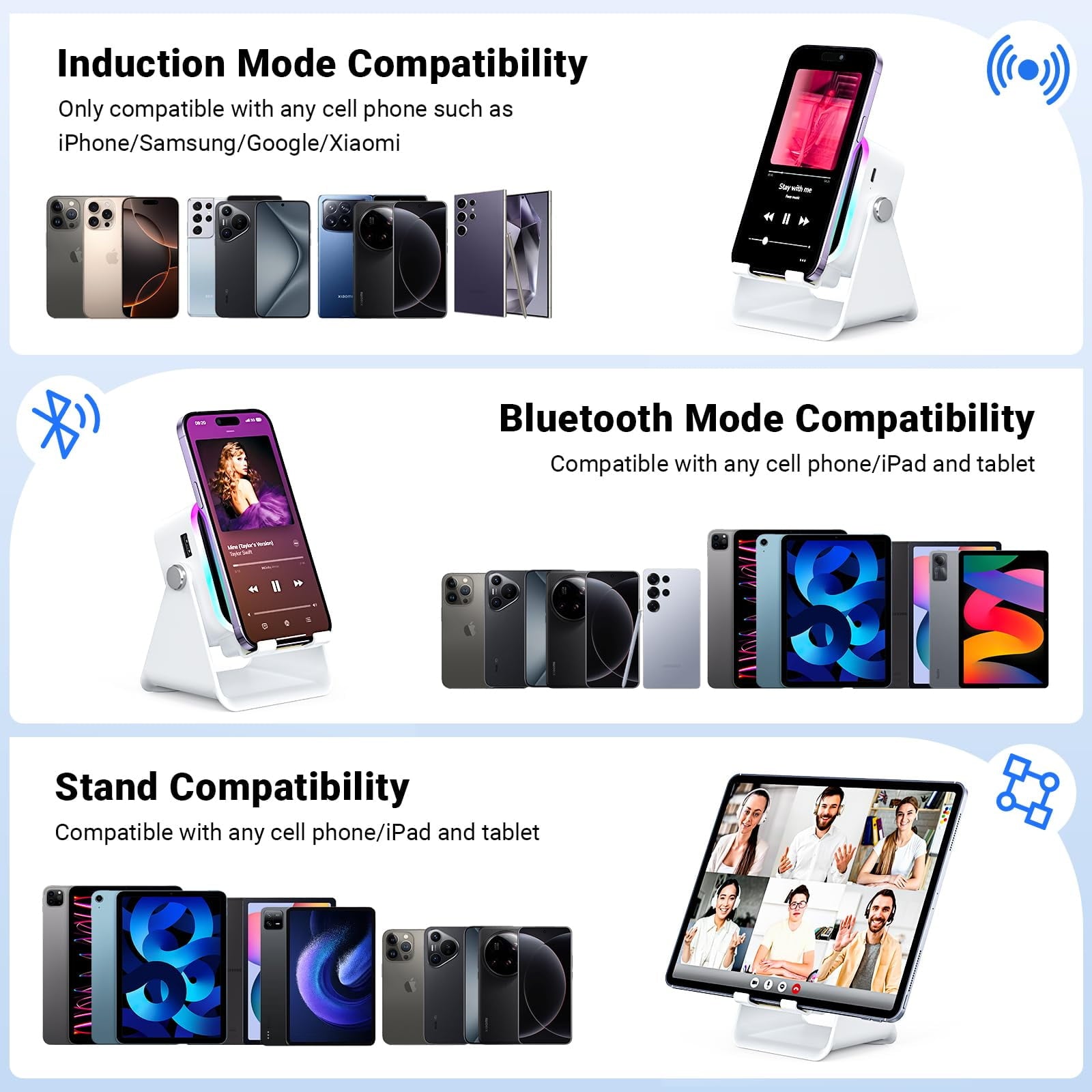 5-in-1 Wireless Induction Speaker with Phone Stand, Bluetooth Audio Amplifier with Colorful LED Light, Rechargeable Music Speaker for iPhone &amp; Android, Ideal Birthday Gift for Men, Women(White)