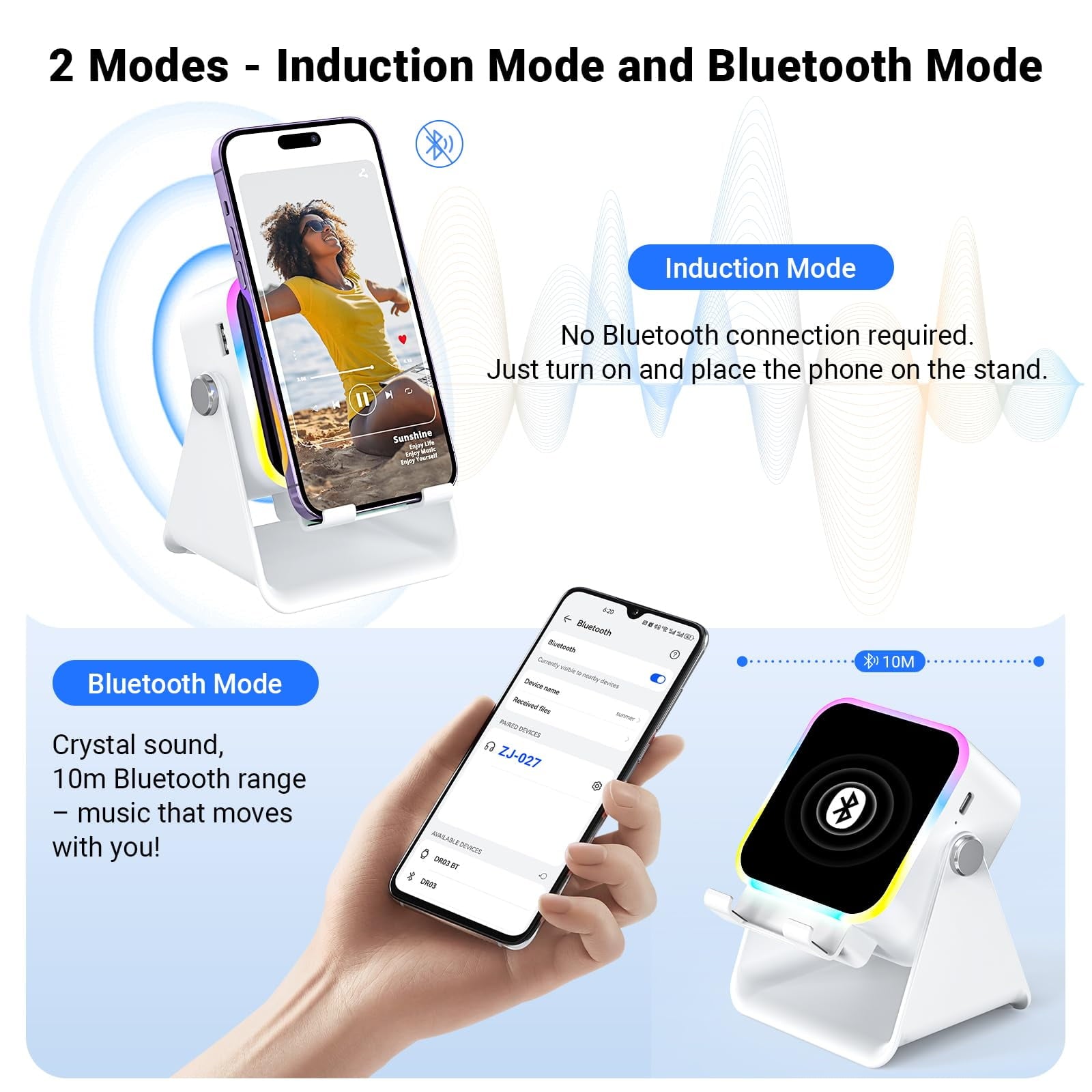 5-in-1 Wireless Induction Speaker with Phone Stand, Bluetooth Audio Amplifier with Colorful LED Light, Rechargeable Music Speaker for iPhone &amp; Android, Ideal Birthday Gift for Men, Women(White)