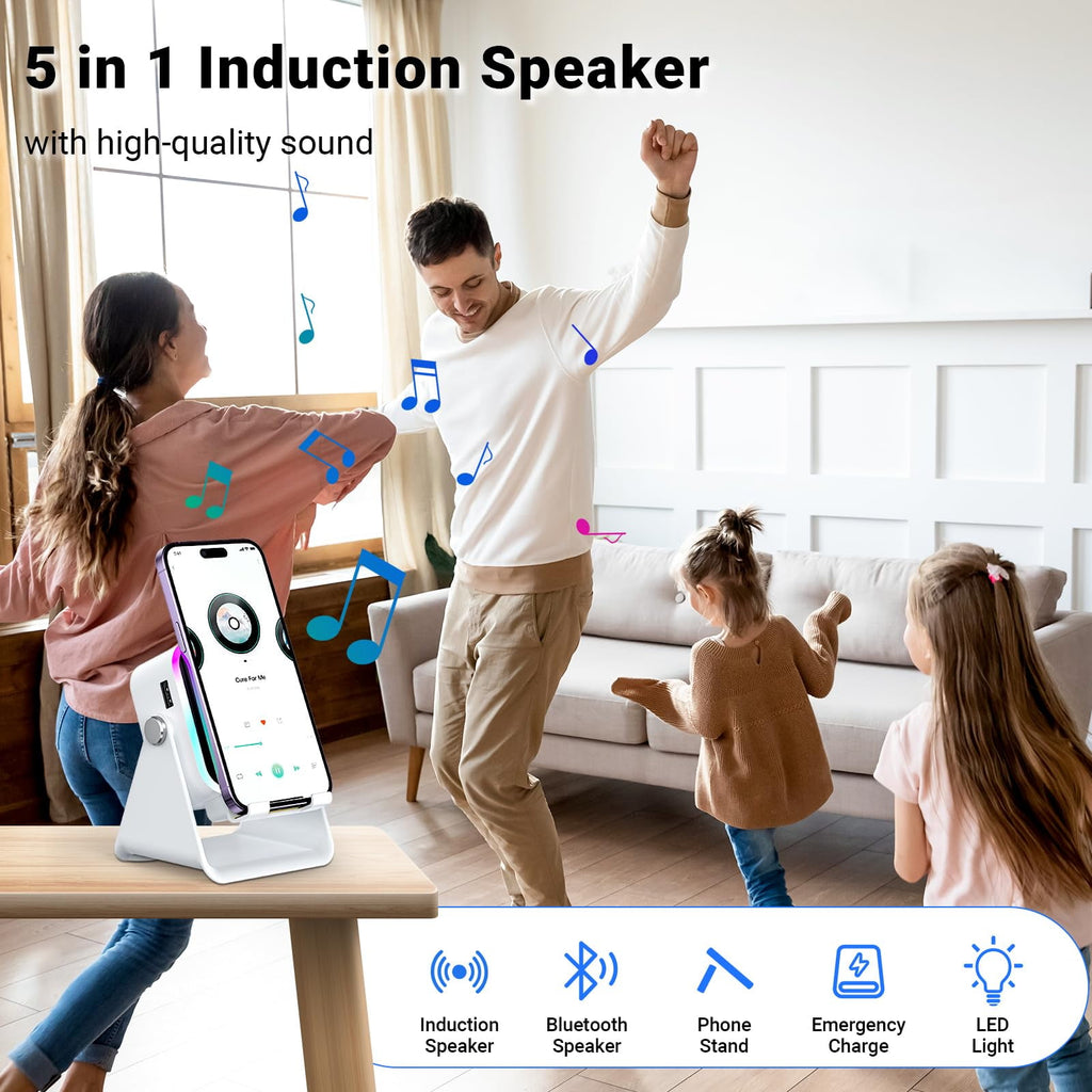 5-in-1 Wireless Induction Speaker with Phone Stand, Bluetooth Audio Amplifier with Colorful LED Light, Rechargeable Music Speaker for iPhone &amp; Android, Ideal Birthday Gift for Men, Women(White)