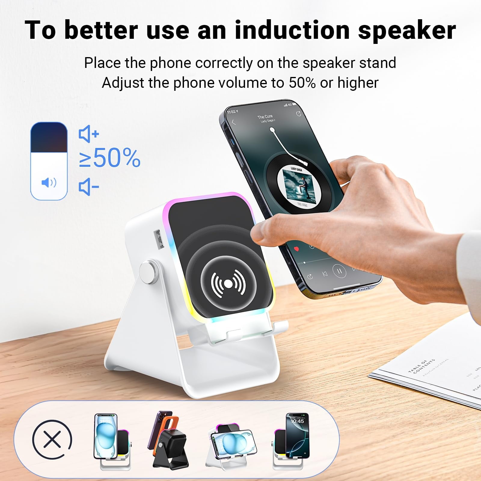 5-in-1 Wireless Induction Speaker with Phone Stand, Bluetooth Audio Amplifier with Colorful LED Light, Rechargeable Music Speaker for iPhone &amp; Android, Ideal Birthday Gift for Men, Women(White)
