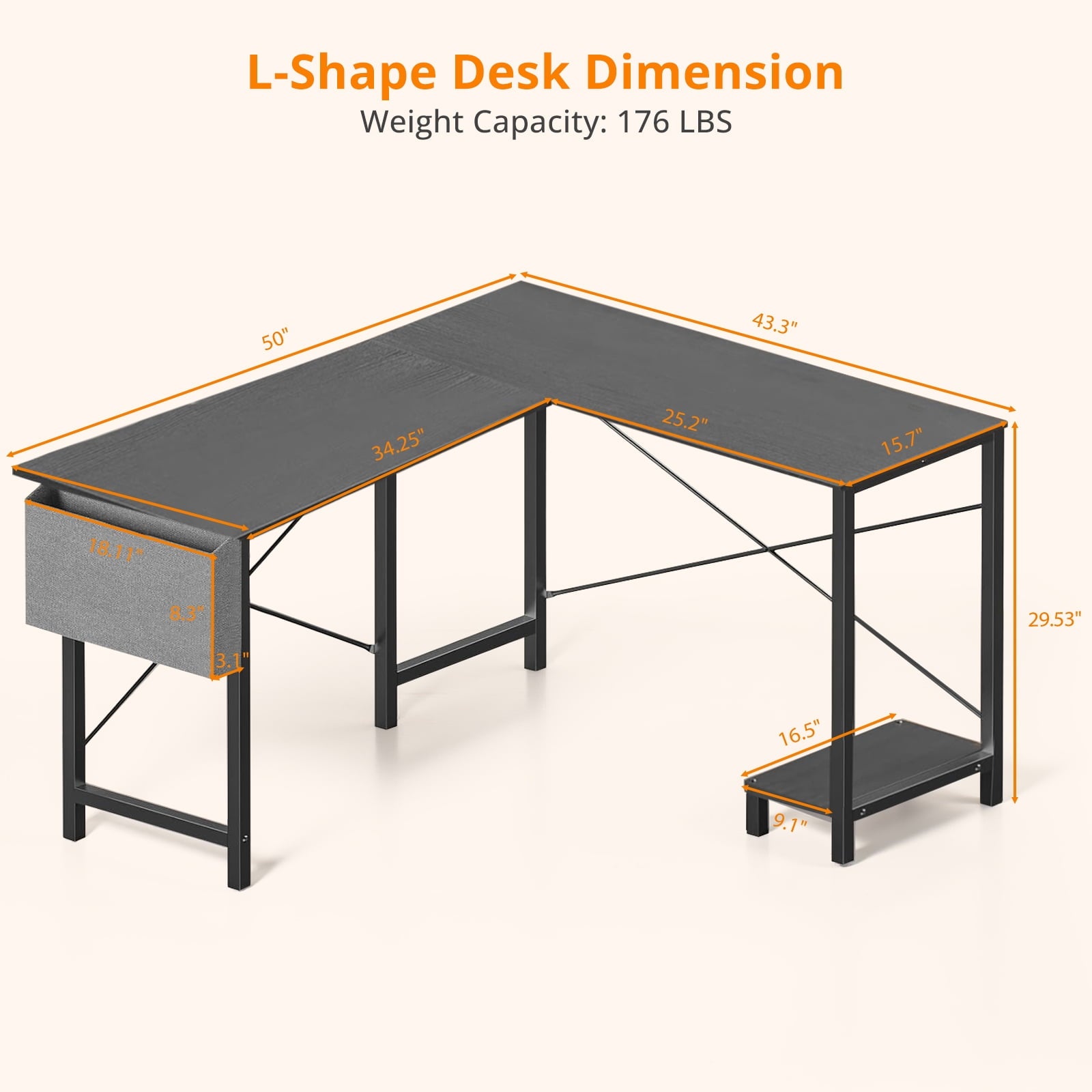 Atilioo L Shaped Gaming Desk, 50 Inch Reversible Computer Corner Desk, PC Battle Station Workstation for Home Office with Side Bag &amp; CPU Stand, Black