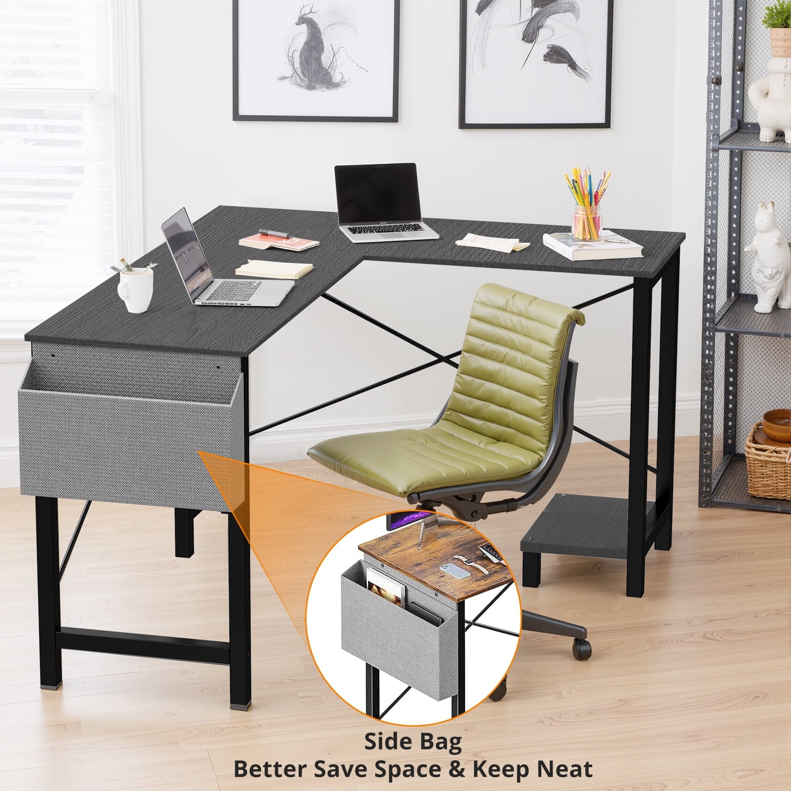Atilioo L Shaped Gaming Desk, 50 Inch Reversible Computer Corner Desk, PC Battle Station Workstation for Home Office with Side Bag &amp; CPU Stand, Black