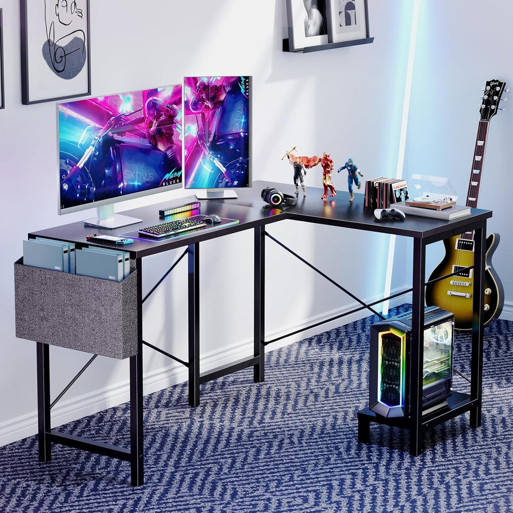 Atilioo L Shaped Gaming Desk, 50 Inch Reversible Computer Corner Desk, PC Battle Station Workstation for Home Office with Side Bag &amp; CPU Stand, Black