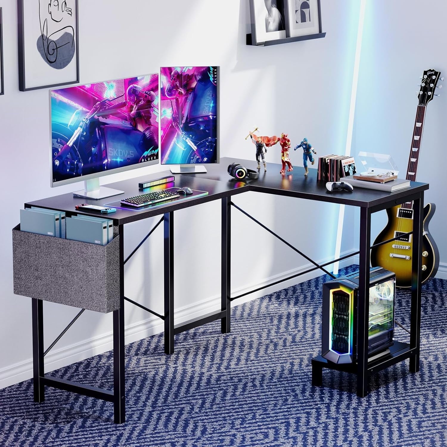 Atilioo L Shaped Gaming Desk, 50 Inch Reversible Computer Corner Desk, PC Battle Station Workstation for Home Office with Side Bag &amp; CPU Stand, Black