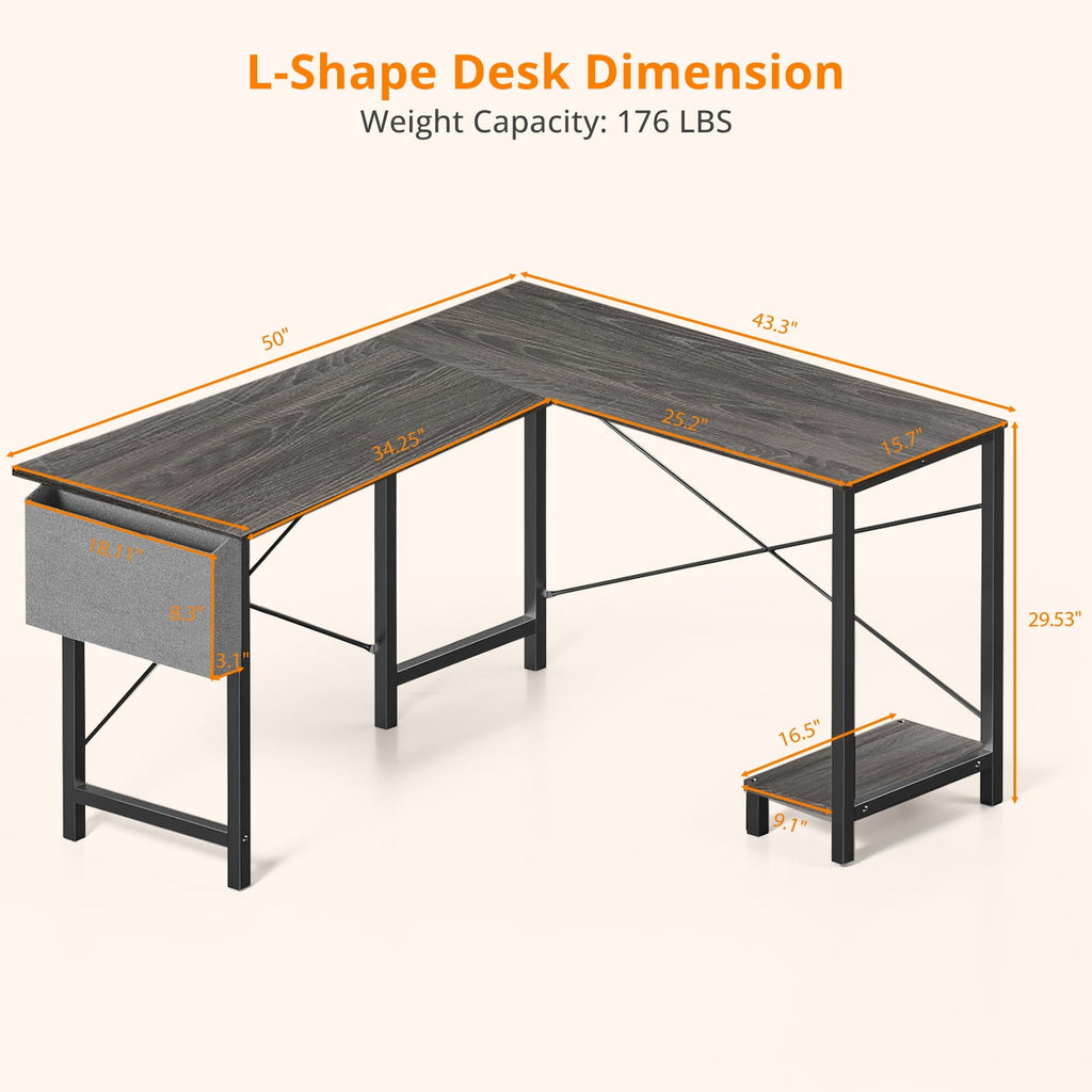 Atilioo L Shaped Gaming Desk, 50 Inch Reversible Computer Corner Desk, PC Battle Station Workstation for Home Office with Side Bag &amp; CPU Stand, Black