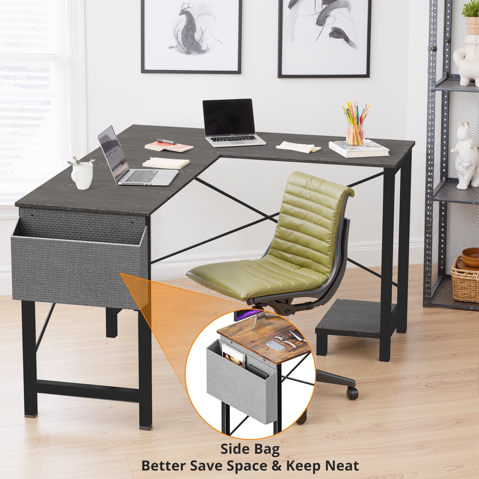 Atilioo L Shaped Gaming Desk, 50 Inch Reversible Computer Corner Desk, PC Battle Station Workstation for Home Office with Side Bag &amp; CPU Stand, Black