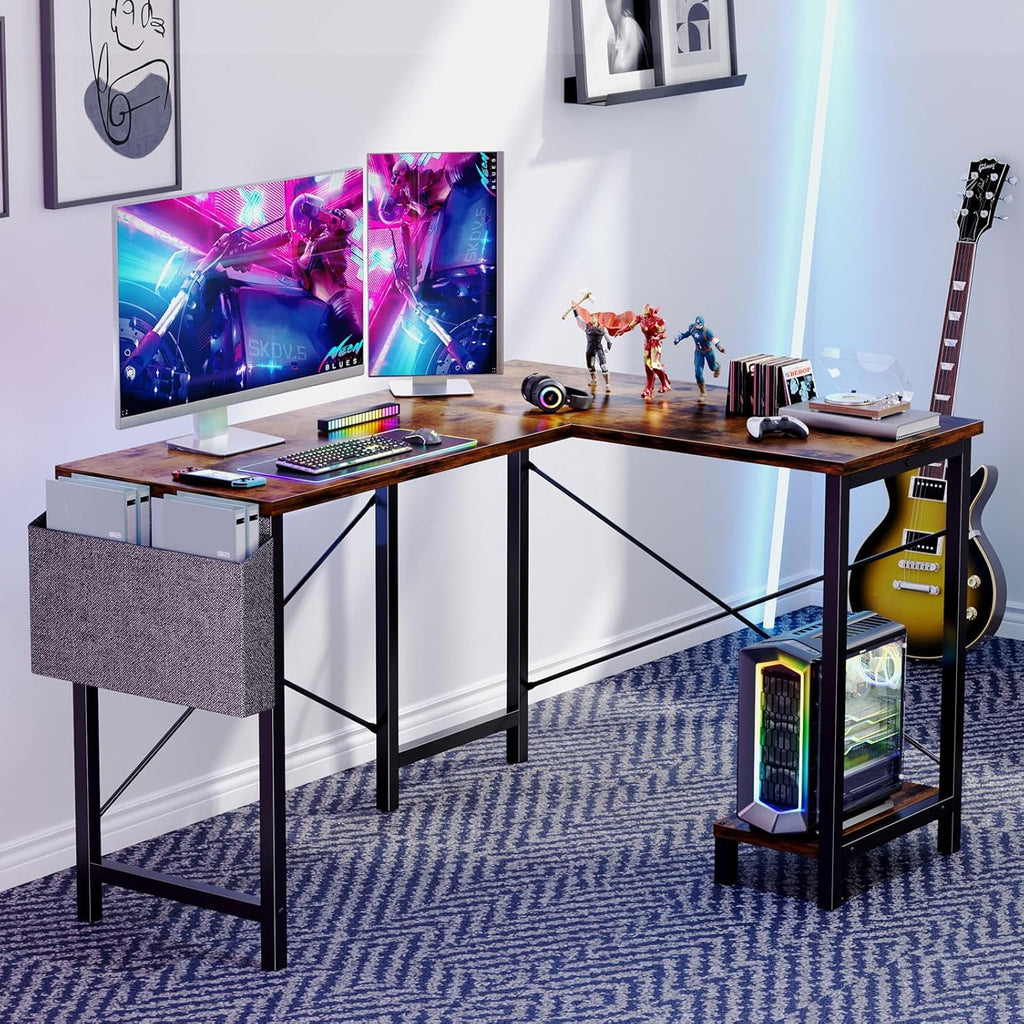 Atilioo L Shaped Gaming Desk, 50 Inch Reversible Computer Corner Desk, PC Battle Station Workstation for Home Office with Side Bag &amp; CPU Stand, Black