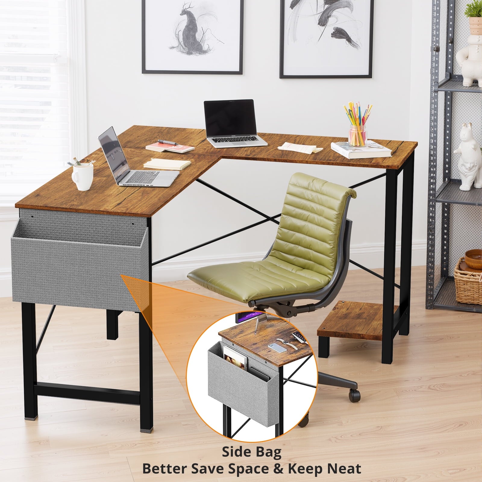 Atilioo L Shaped Gaming Desk, 50 Inch Reversible Computer Corner Desk, PC Battle Station Workstation for Home Office with Side Bag &amp; CPU Stand, Black