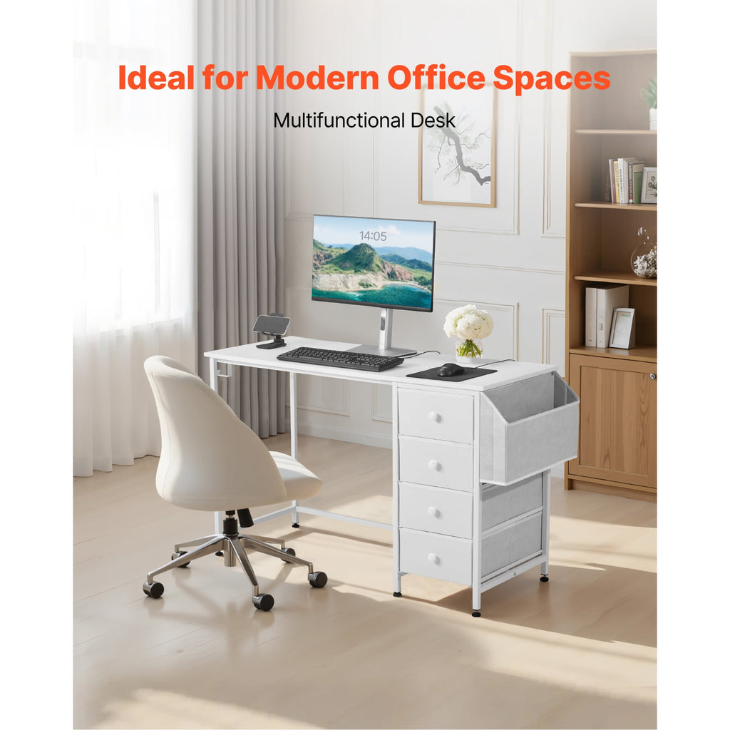 KFFKFF 47-Inch Reversible Computer Desk with Fabric Drawers, Modern Study and Work Table for Home Office or Bedroom, Simple PC Desk with Metal Frame, White