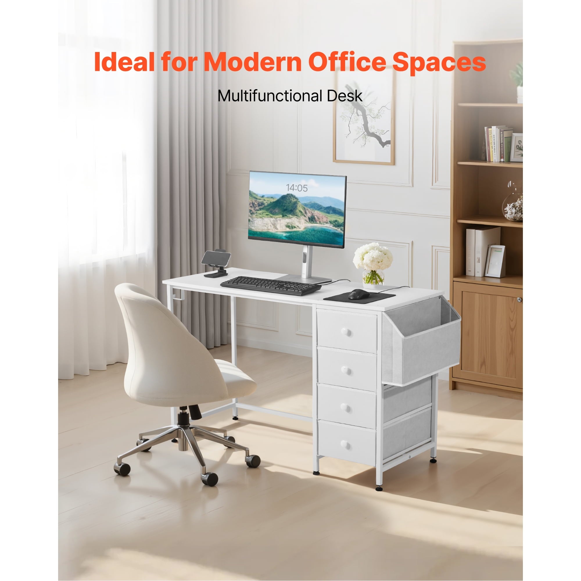 KFFKFF 47-Inch Reversible Computer Desk with Fabric Drawers, Modern Study and Work Table for Home Office or Bedroom, Simple PC Desk with Metal Frame, White