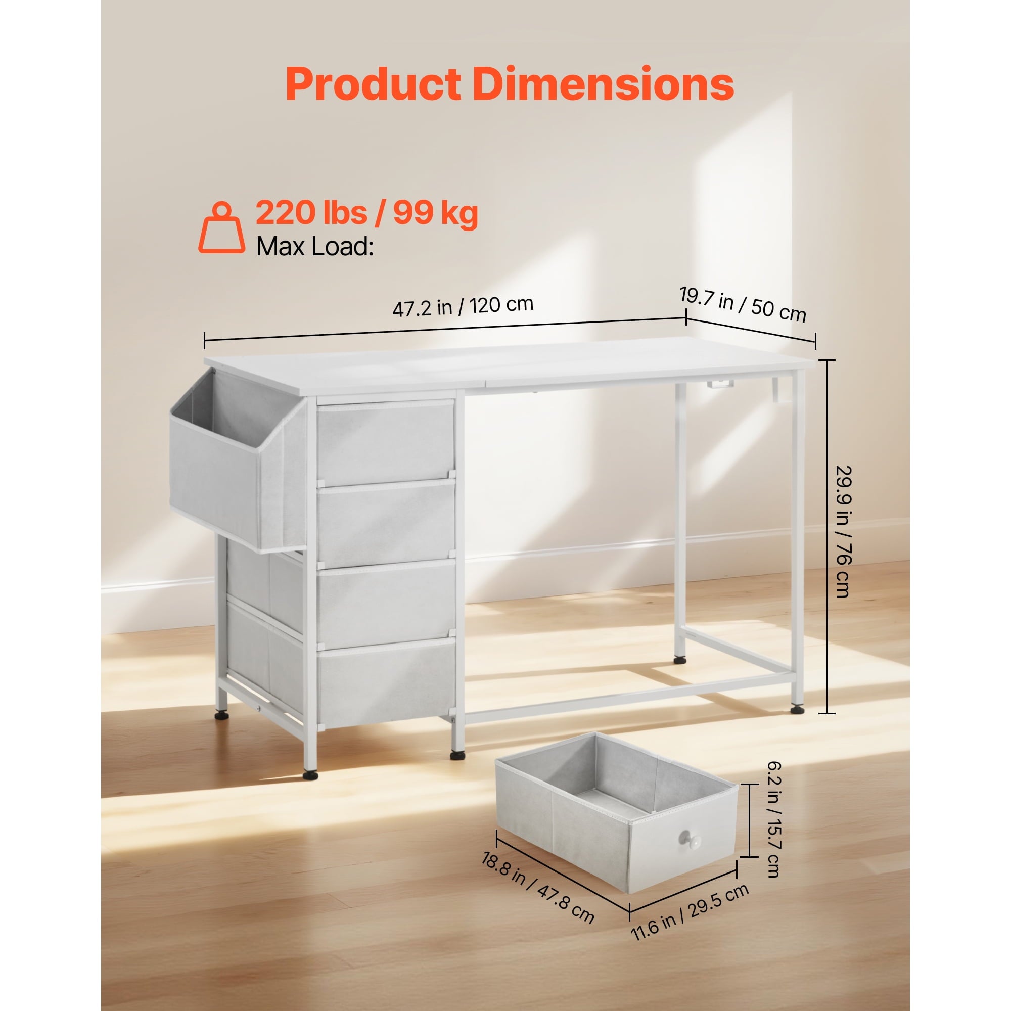 KFFKFF 47-Inch Reversible Computer Desk with Fabric Drawers, Modern Study and Work Table for Home Office or Bedroom, Simple PC Desk with Metal Frame, White