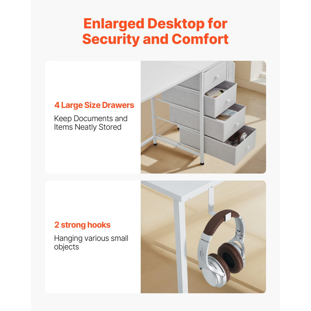 KFFKFF 47-Inch Reversible Computer Desk with Fabric Drawers, Modern Study and Work Table for Home Office or Bedroom, Simple PC Desk with Metal Frame, White