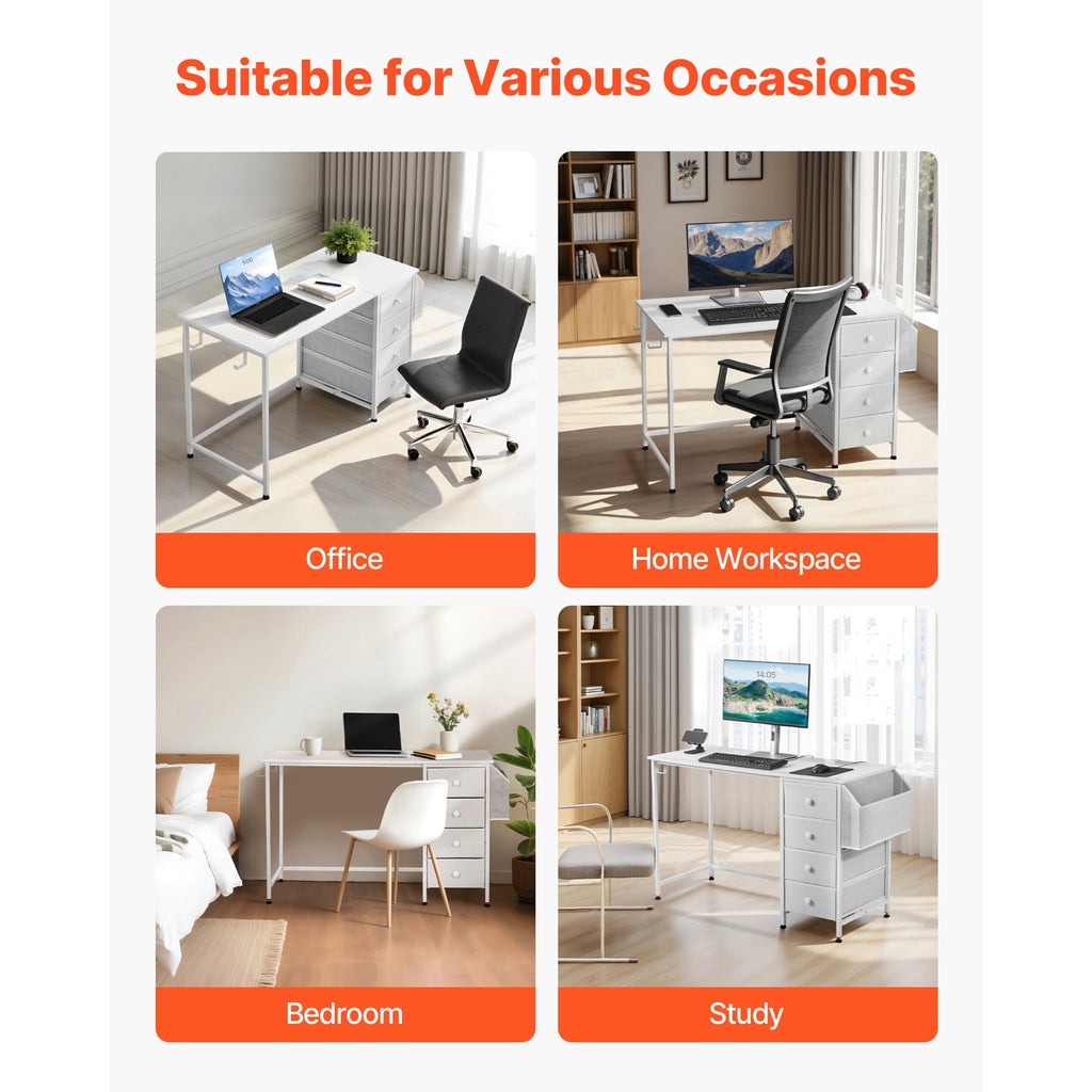 KFFKFF 47-Inch Reversible Computer Desk with Fabric Drawers, Modern Study and Work Table for Home Office or Bedroom, Simple PC Desk with Metal Frame, White