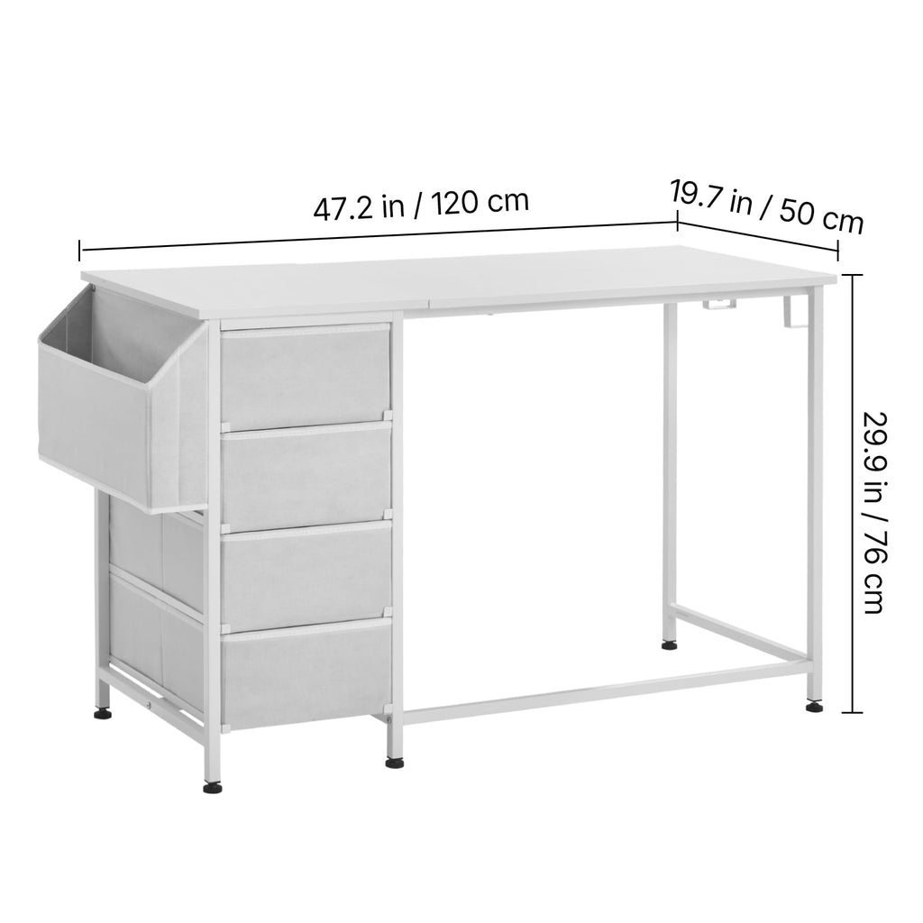 KFFKFF 47-Inch Reversible Computer Desk with Fabric Drawers, Modern Study and Work Table for Home Office or Bedroom, Simple PC Desk with Metal Frame, White