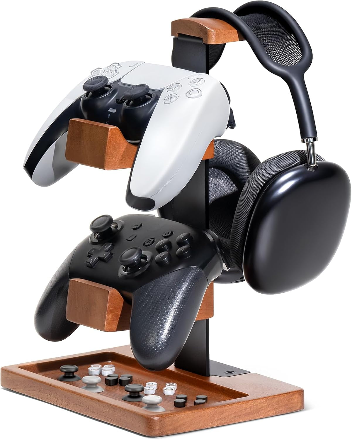 Wooden Controller Stand &amp; Headphone Holder, Dual Gamepad Mount with Accessory Tray, Premium Wood &amp; Metal Gaming Desk Organizer Setup for PS5, PS4, Xbox, Switch, PC &amp; Universal Headsets
