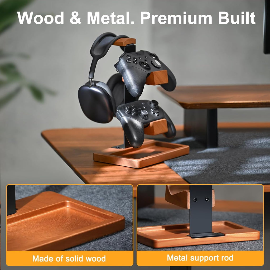Wooden Controller Stand &amp; Headphone Holder, Dual Gamepad Mount with Accessory Tray, Premium Wood &amp; Metal Gaming Desk Organizer Setup for PS5, PS4, Xbox, Switch, PC &amp; Universal Headsets