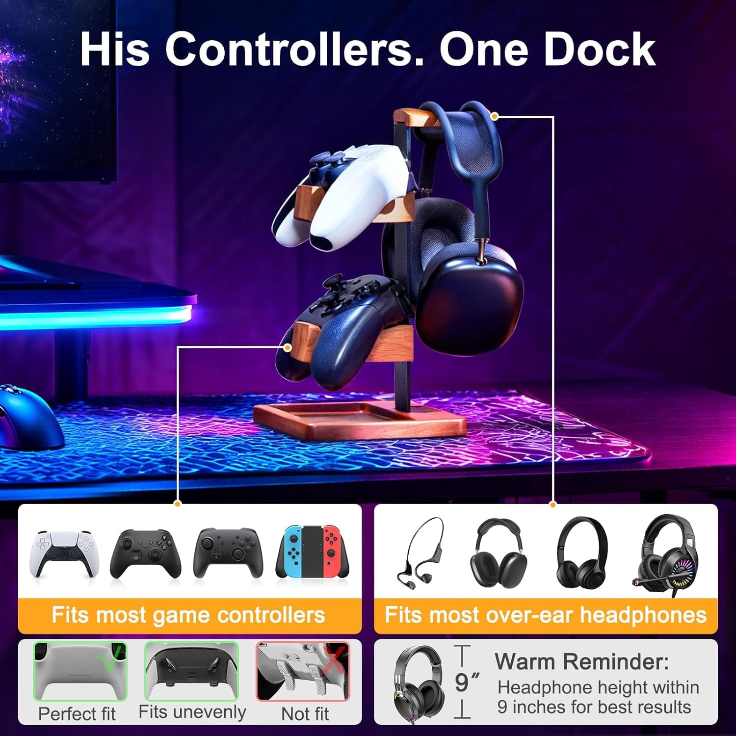 Wooden Controller Stand &amp; Headphone Holder, Dual Gamepad Mount with Accessory Tray, Premium Wood &amp; Metal Gaming Desk Organizer Setup for PS5, PS4, Xbox, Switch, PC &amp; Universal Headsets