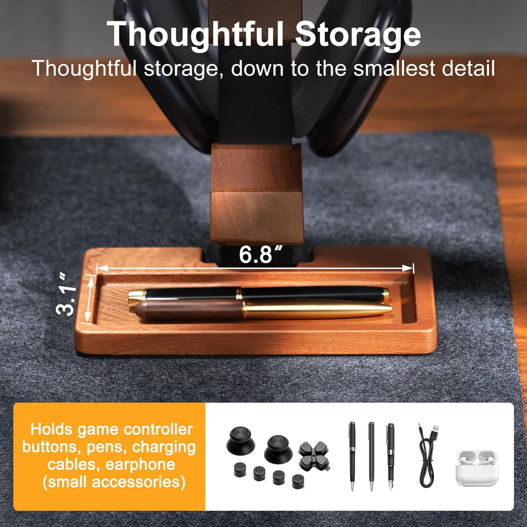 Wooden Controller Stand &amp; Headphone Holder, Dual Gamepad Mount with Accessory Tray, Premium Wood &amp; Metal Gaming Desk Organizer Setup for PS5, PS4, Xbox, Switch, PC &amp; Universal Headsets
