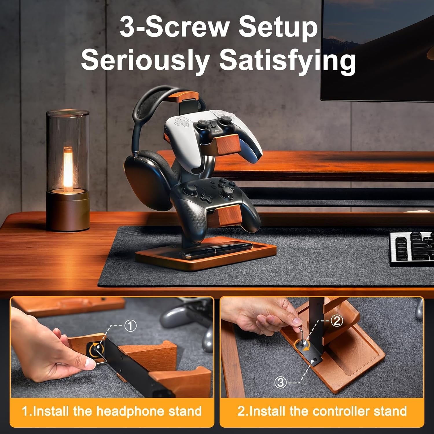Wooden Controller Stand &amp; Headphone Holder, Dual Gamepad Mount with Accessory Tray, Premium Wood &amp; Metal Gaming Desk Organizer Setup for PS5, PS4, Xbox, Switch, PC &amp; Universal Headsets