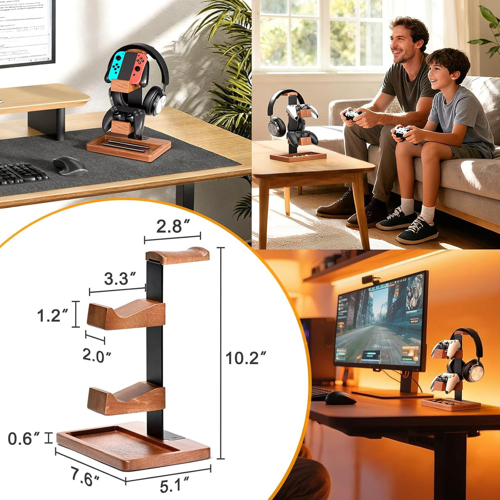 Wooden Controller Stand &amp; Headphone Holder, Dual Gamepad Mount with Accessory Tray, Premium Wood &amp; Metal Gaming Desk Organizer Setup for PS5, PS4, Xbox, Switch, PC &amp; Universal Headsets