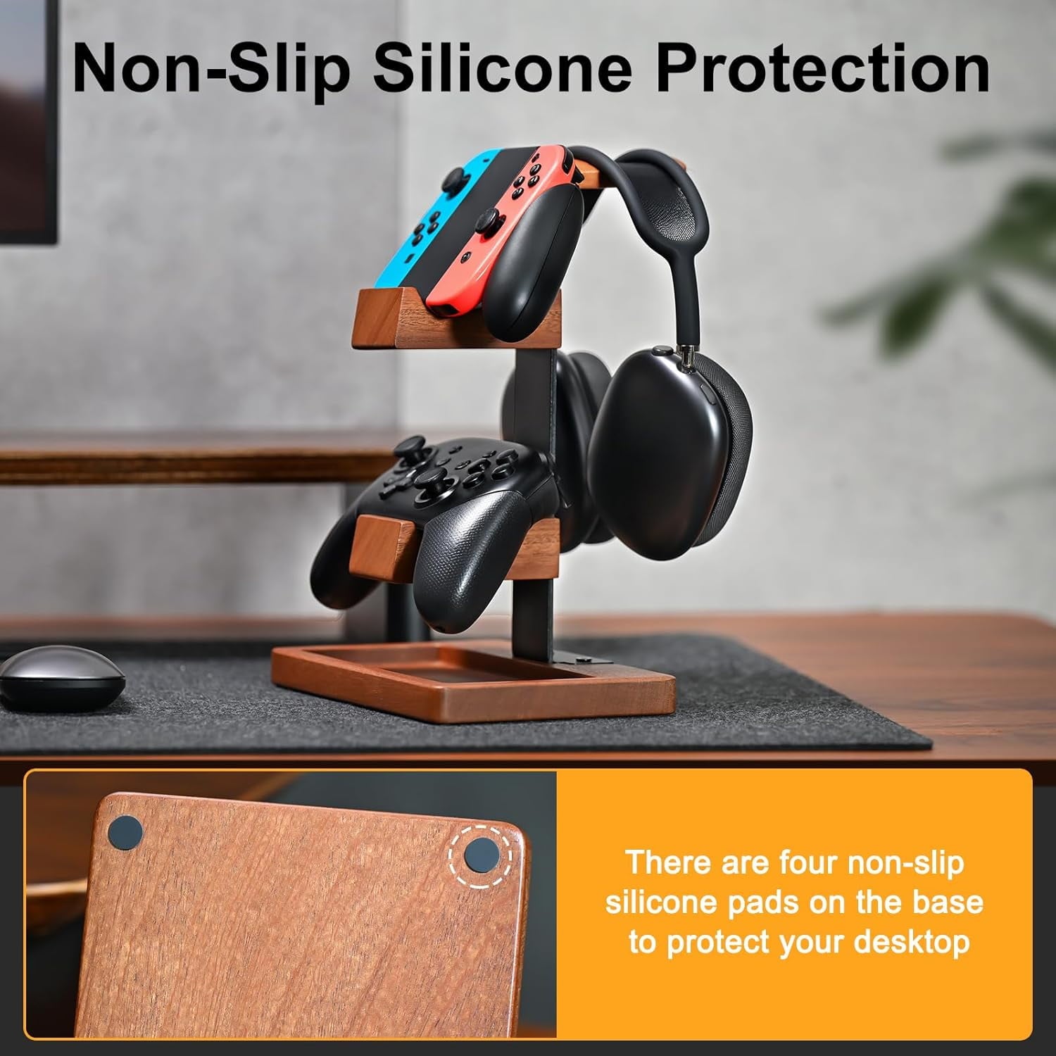 Wooden Controller Stand &amp; Headphone Holder, Dual Gamepad Mount with Accessory Tray, Premium Wood &amp; Metal Gaming Desk Organizer Setup for PS5, PS4, Xbox, Switch, PC &amp; Universal Headsets