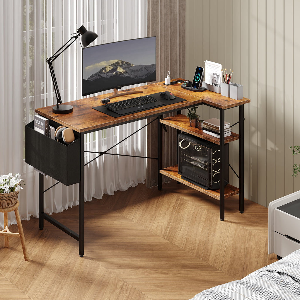 CONCETTA 39 inch Gaming Computer Desk with Power Outlet &amp; LED Strip, Reversible Storage Shelves for Home Office, Black