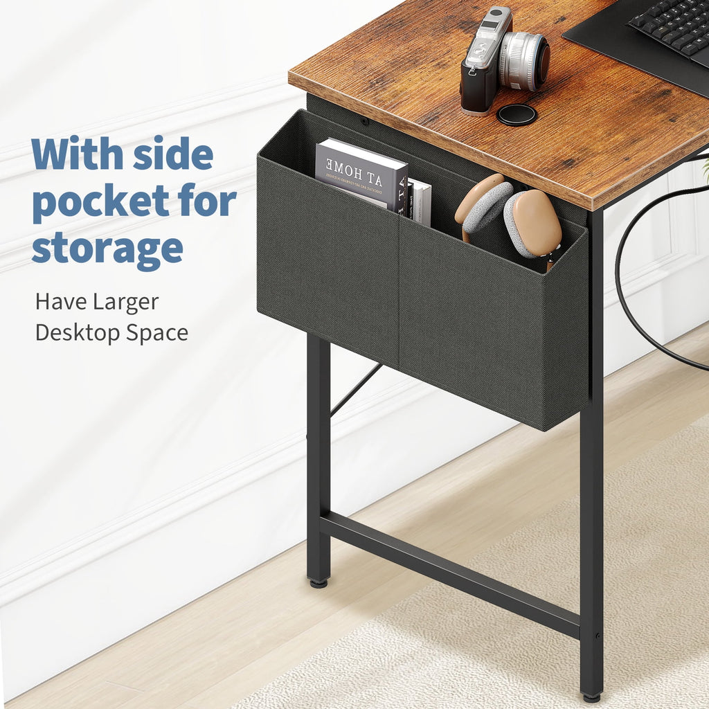CONCETTA 39 inch Gaming Computer Desk with Power Outlet &amp; LED Strip, Reversible Storage Shelves for Home Office, Black